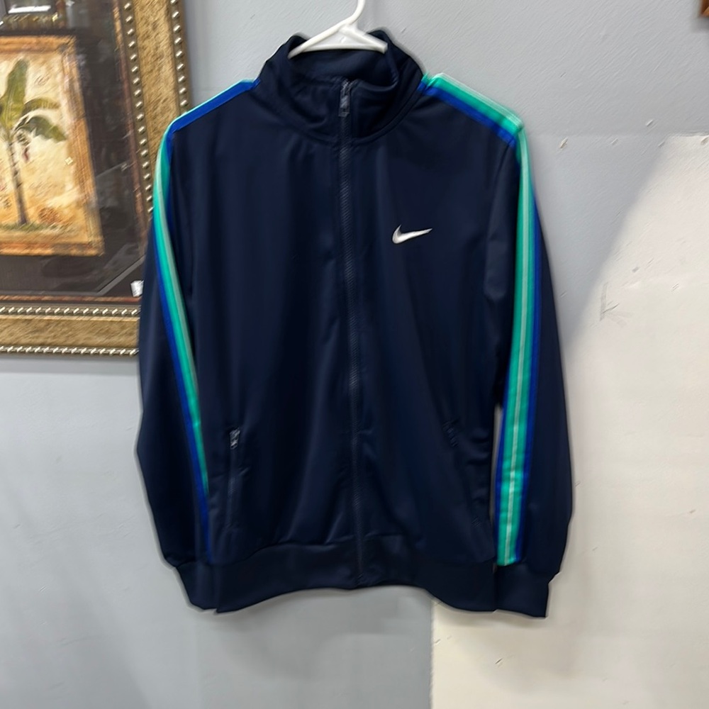 Nike Navy Blue Track Jacket with Teal and Aqua Stripes